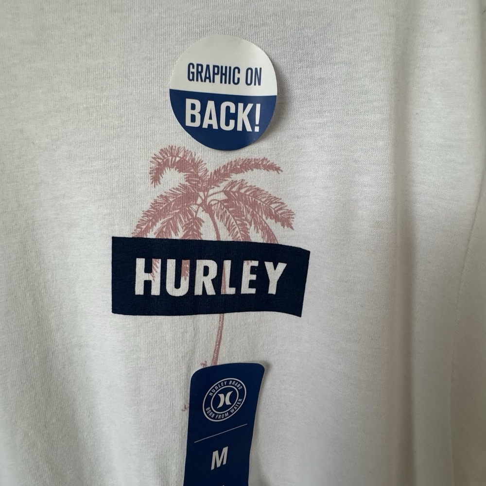 NWT Men's White Hurley Size Medium Palm Tree T-Shirt Graphics On Front & Back - Picture 4 of 9